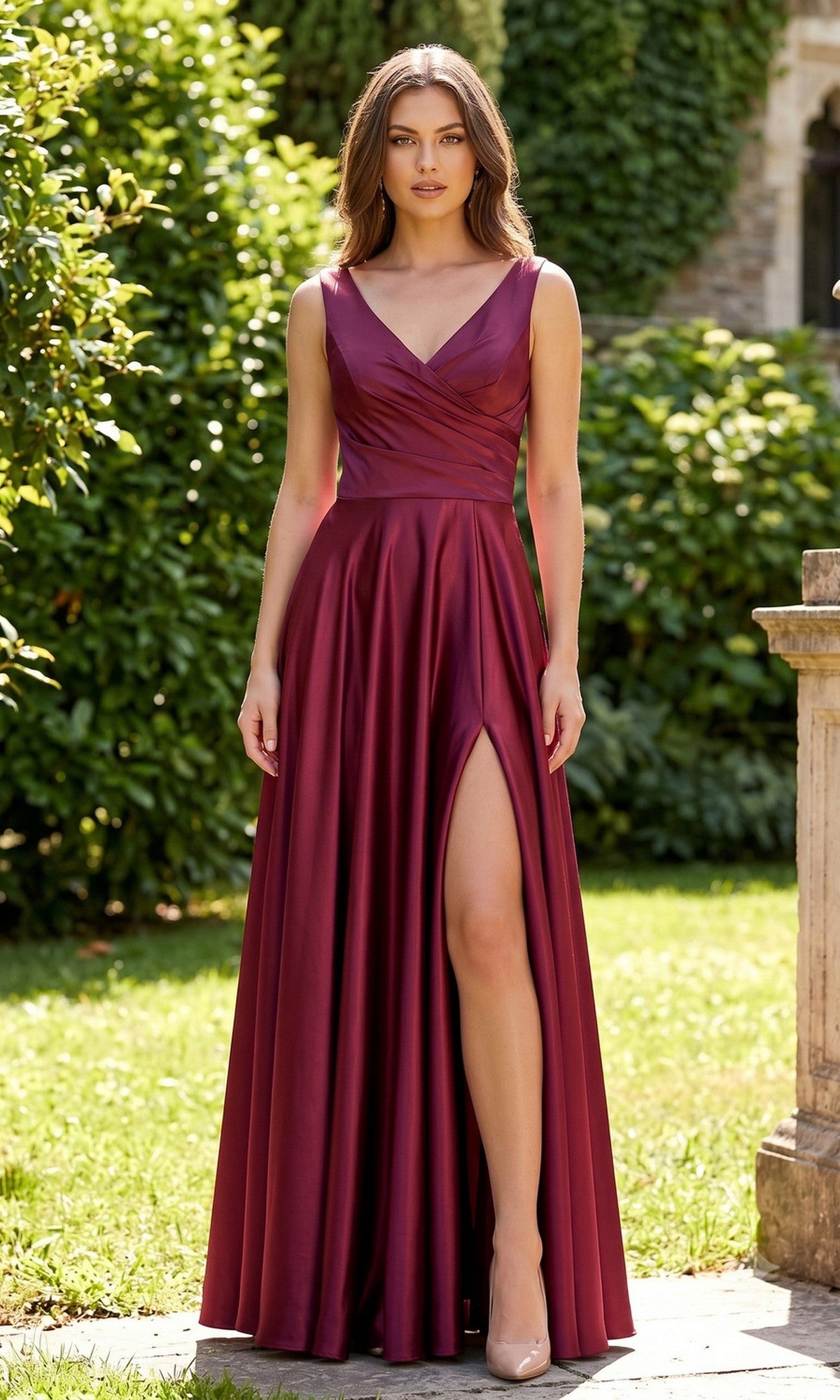 A woman stands outdoors on a sunny day, surrounded by greenery, wearing the Chicas J112 long prom dress in burgundy—a sleeveless, floor-length satin gown featuring a thigh-high slit.